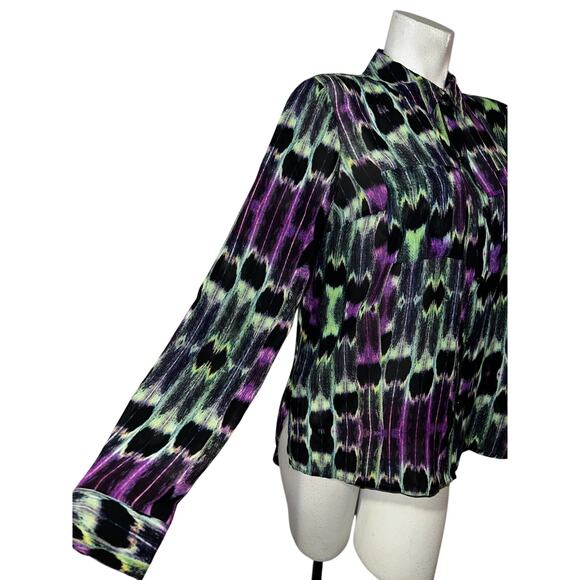 Nanette Lepore L'AMOUR Top Sz L Black Purple Green Button LS Keyhole Back Blouse - Picture 3 of 6